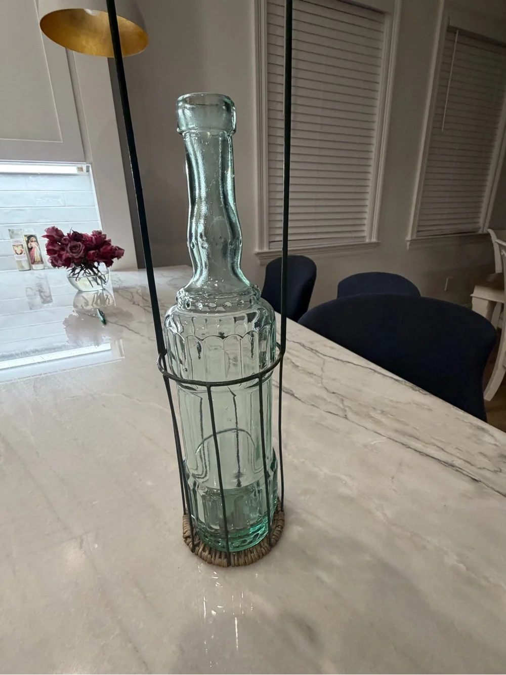 Vintage Aqua Glass Bottle Vase in Wire Basket